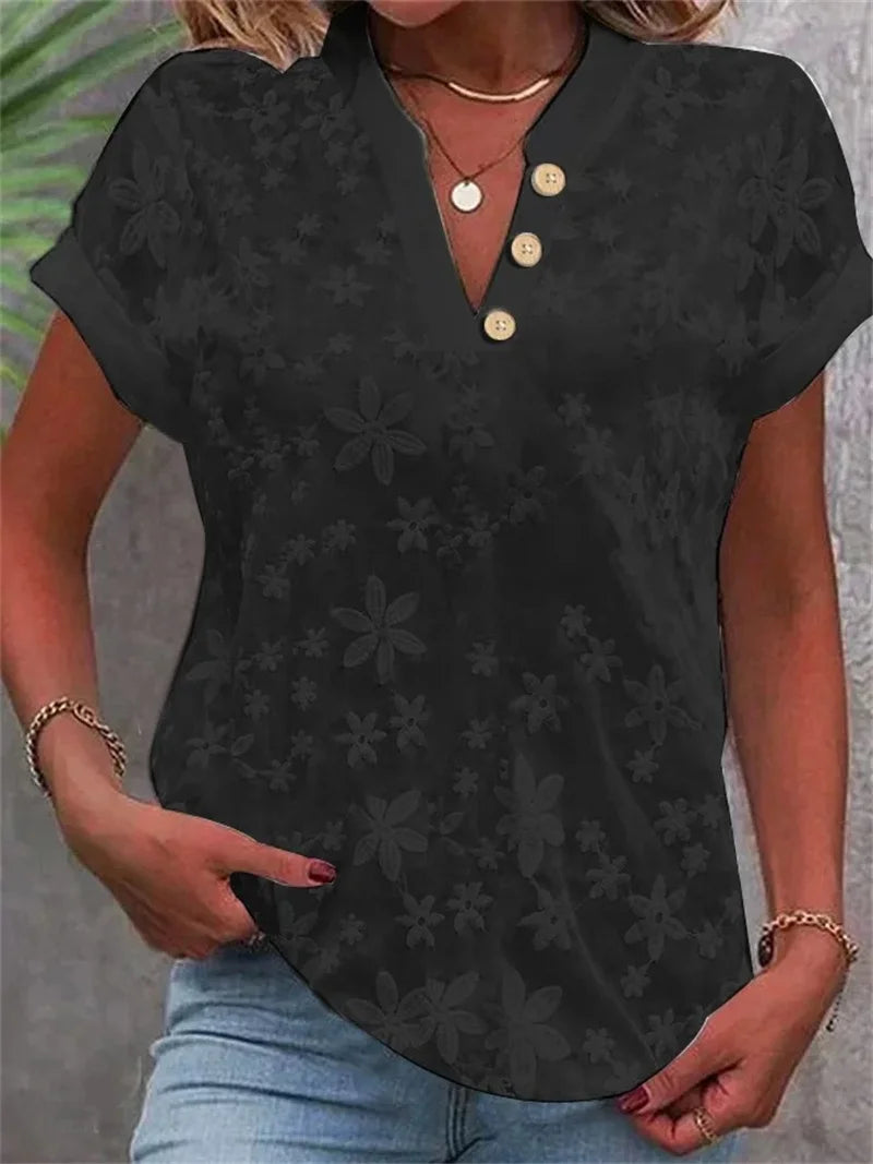Blusa de manga curta escritório elegante com decote em v