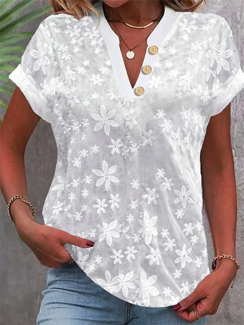 Blusa de manga curta escritório elegante com decote em v