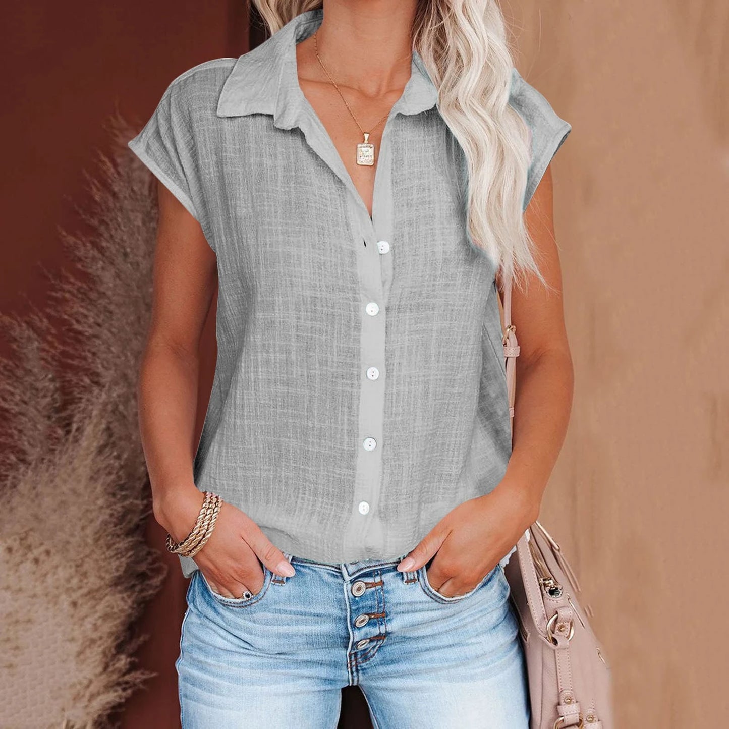 Blusa de linho casual manga curta