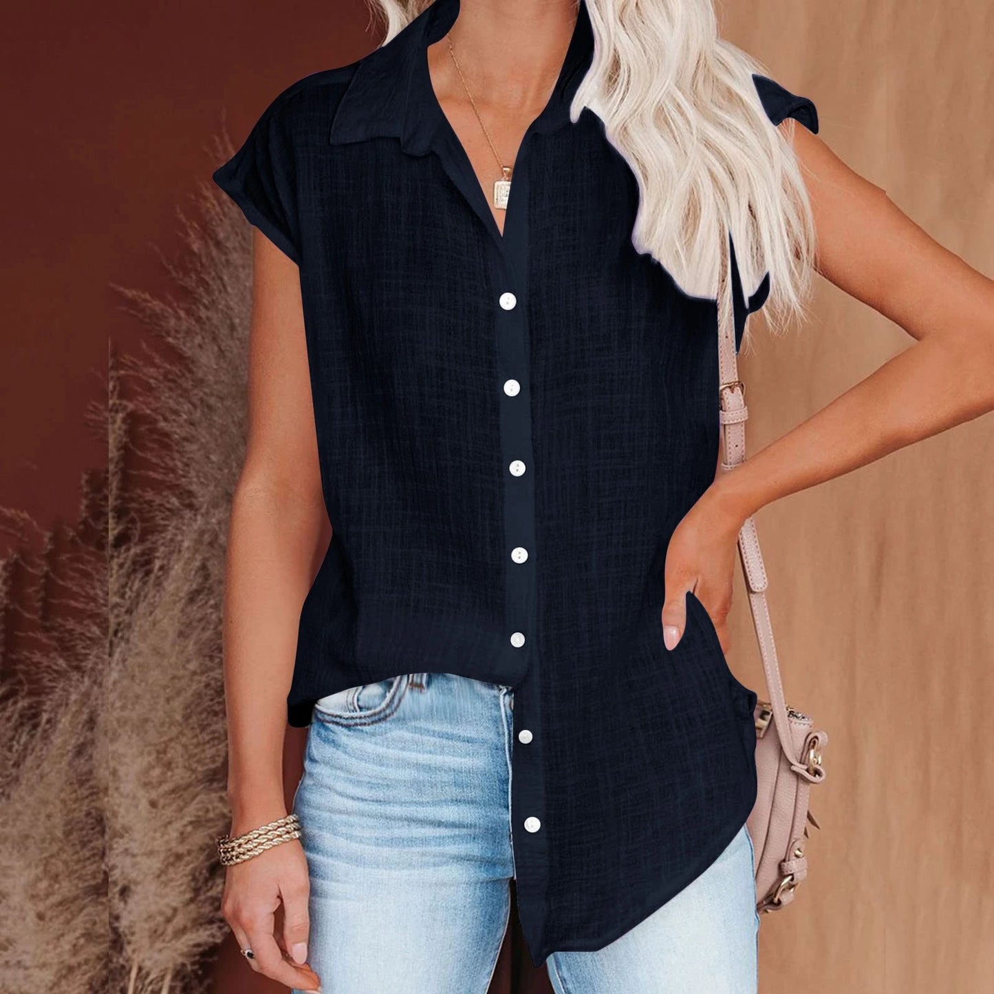 Blusa de linho casual manga curta