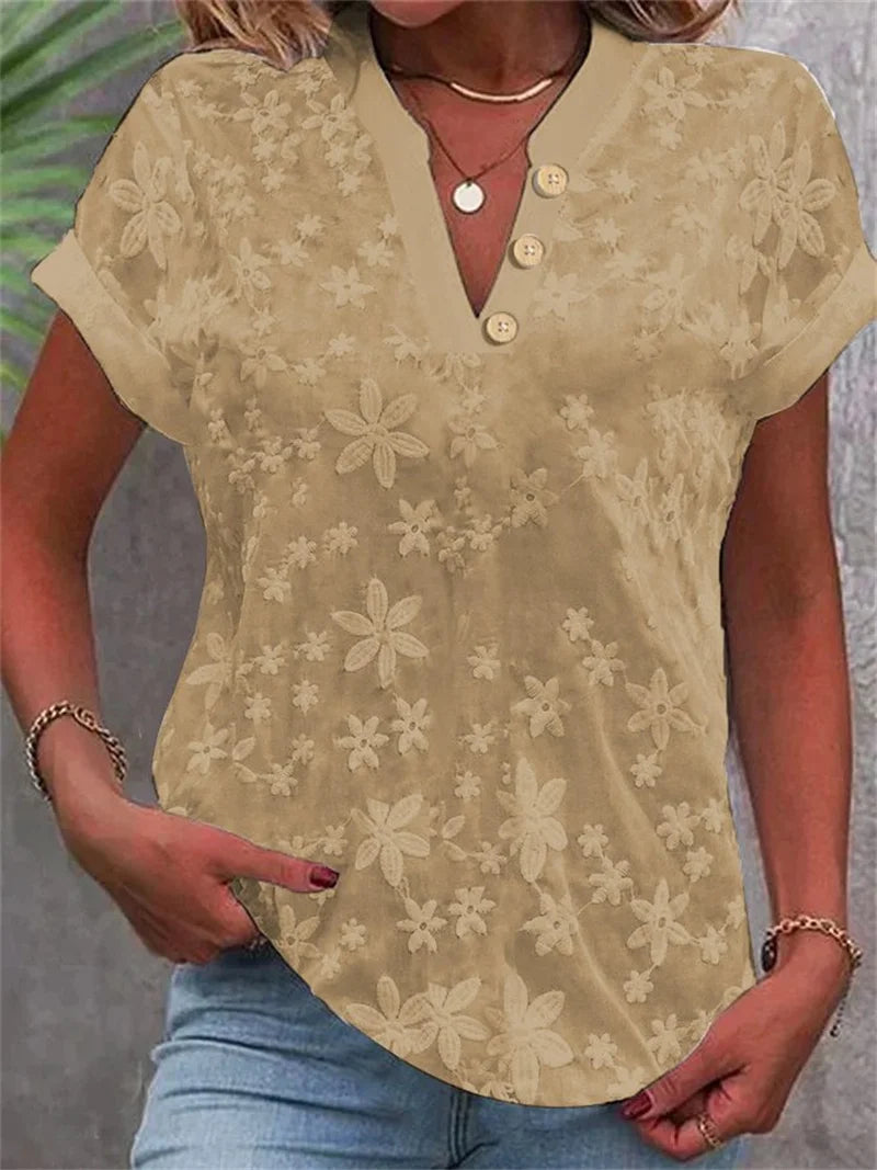 Blusa de manga curta escritório elegante com decote em v
