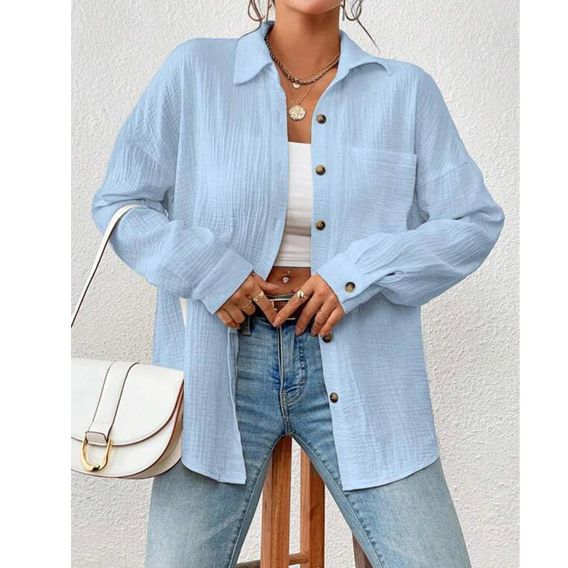 Camisa feminina casual turn down collar manga longa