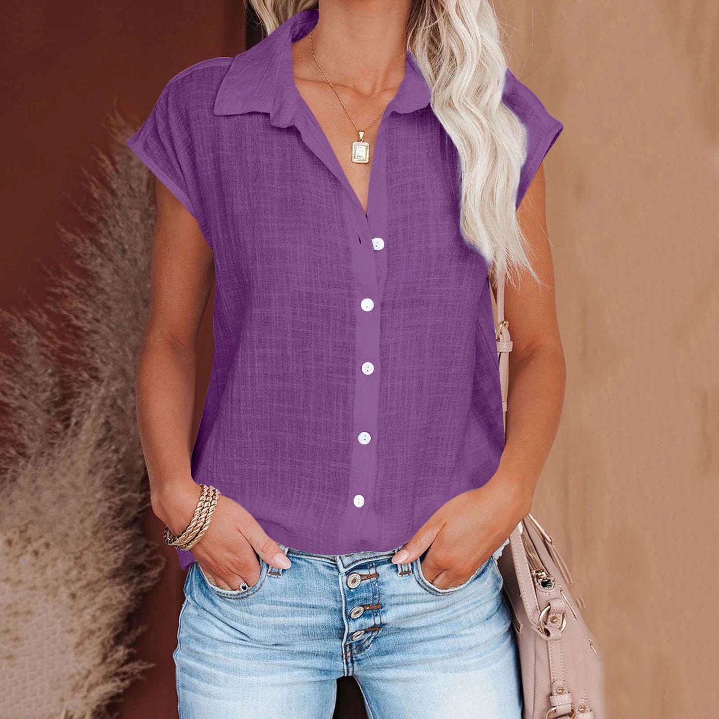 Blusa de linho casual manga curta
