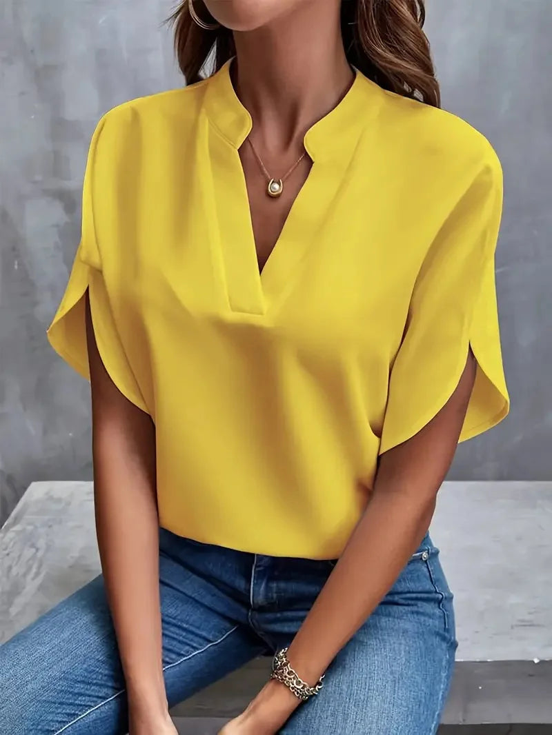 Blusa elegante novo decote em v manga curta casual