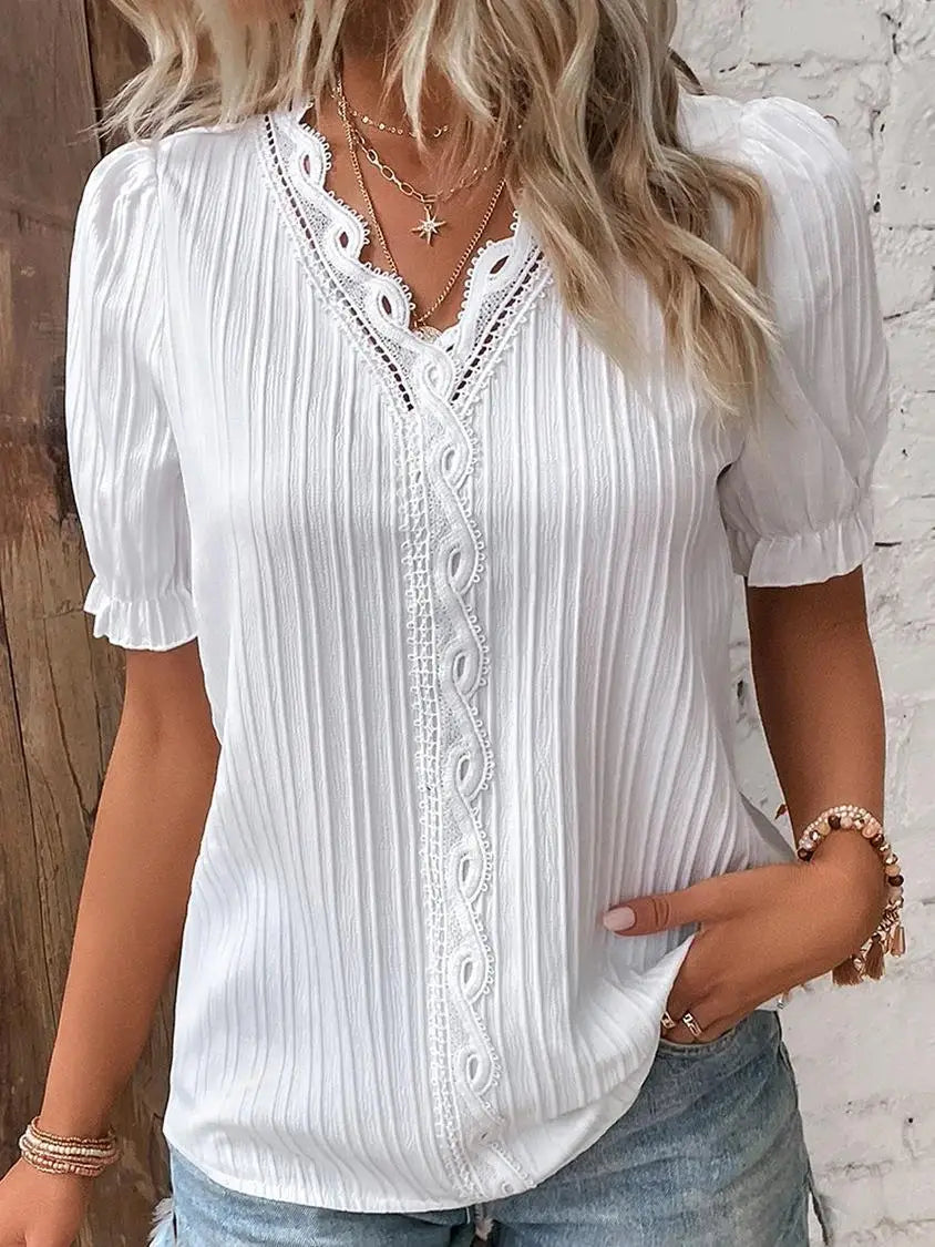 Blusa elegante com decote em v renda retalhos de manga curta