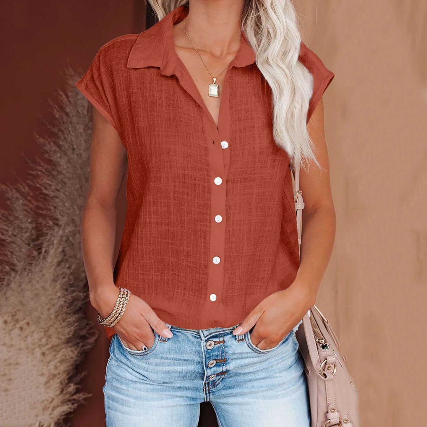 Blusa de linho casual manga curta