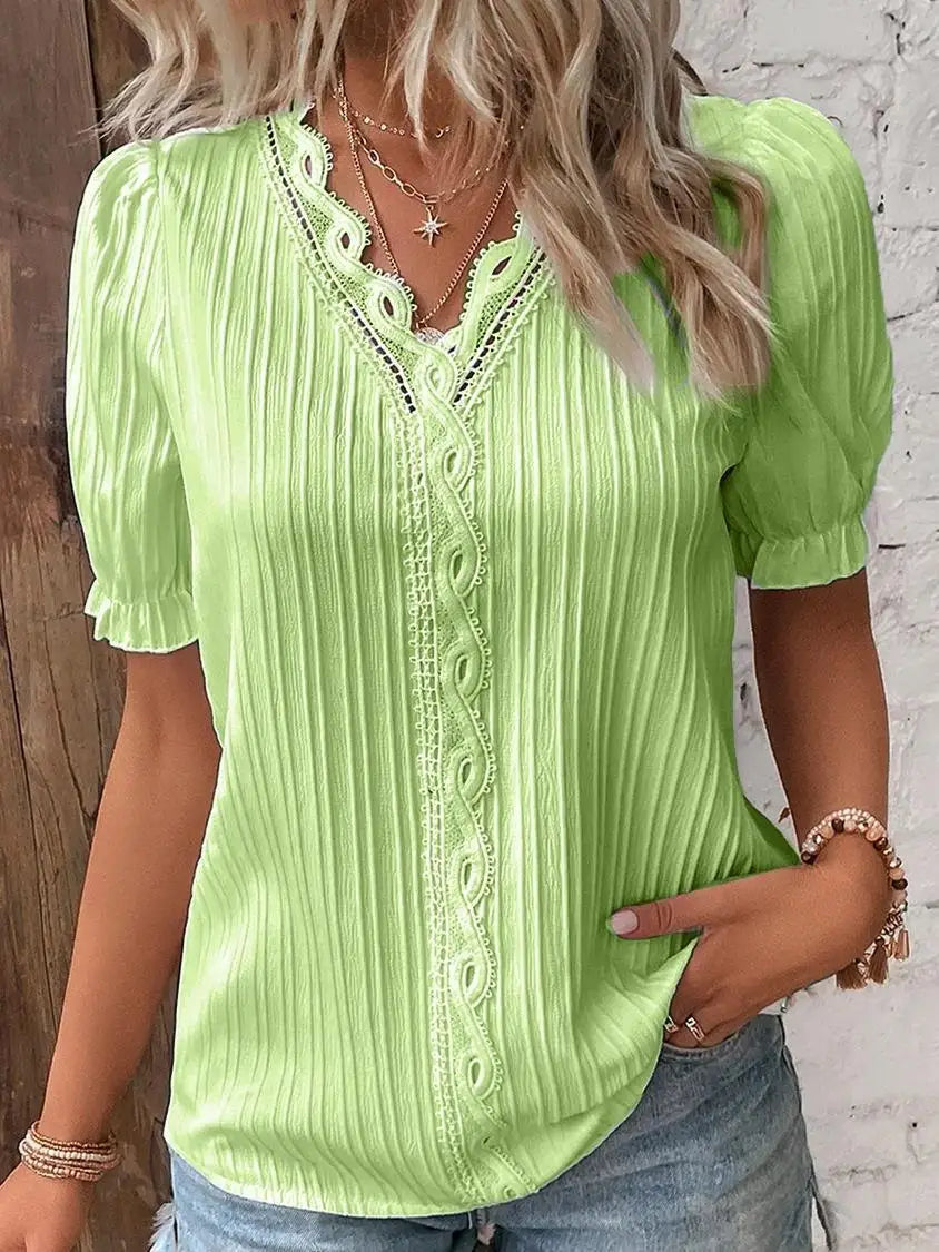 Blusa elegante com decote em v renda retalhos de manga curta