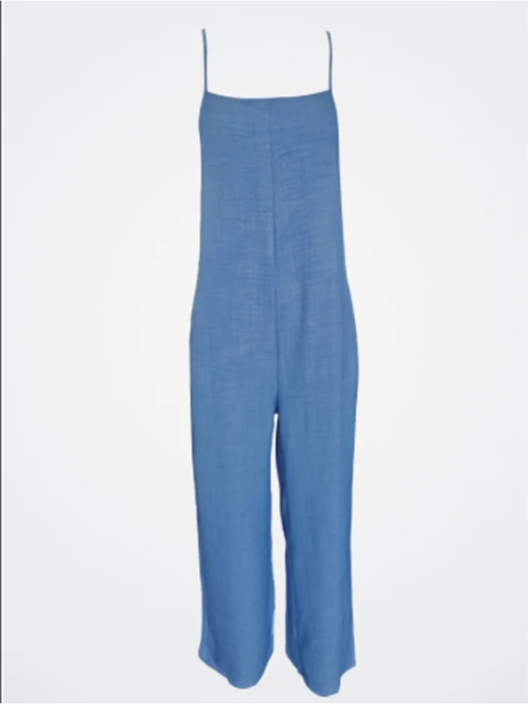 Macacão feminino sem mangas com suspensório solto bolso casual monocromático