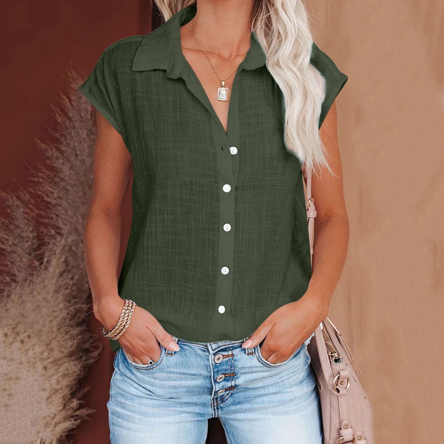 Blusa de linho casual manga curta