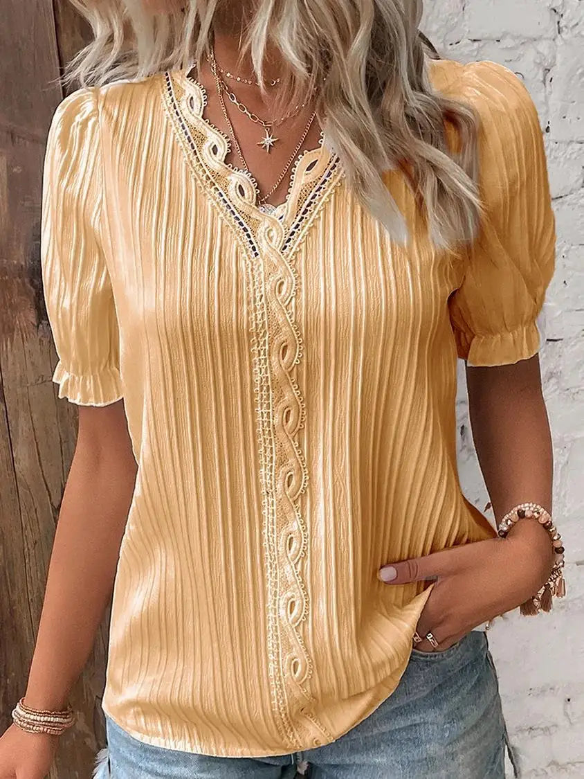 Blusa elegante com decote em v renda retalhos de manga curta
