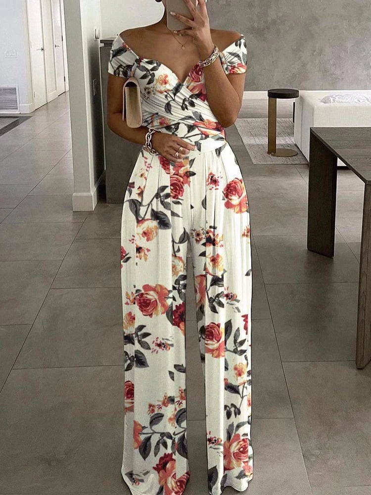 Macacão estampado floral ,verão elegante fora do ombro sem mangas