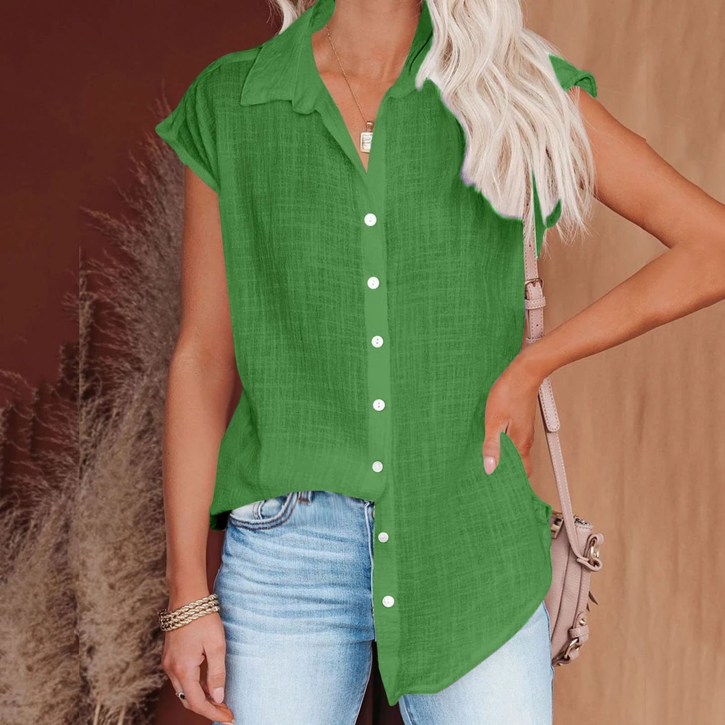 Blusa de linho casual manga curta