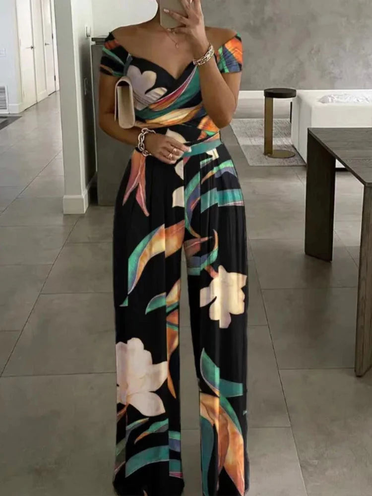 Macacão estampado floral ,verão elegante fora do ombro sem mangas