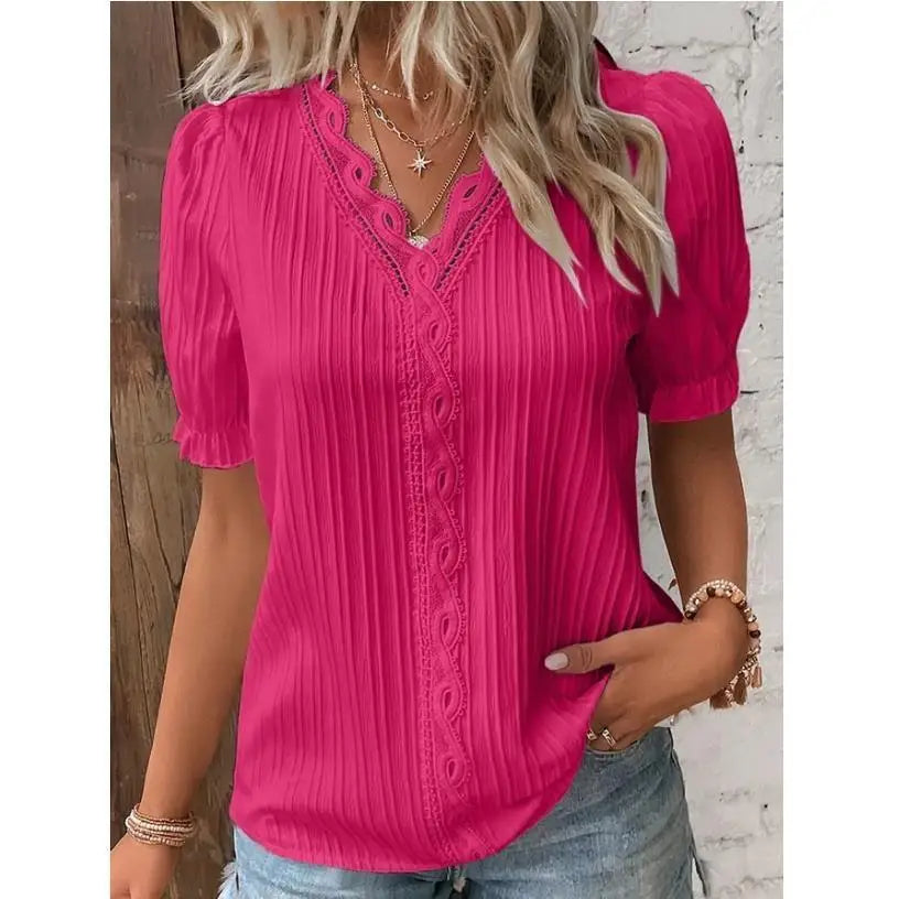 Blusa elegante com decote em v renda retalhos de manga curta
