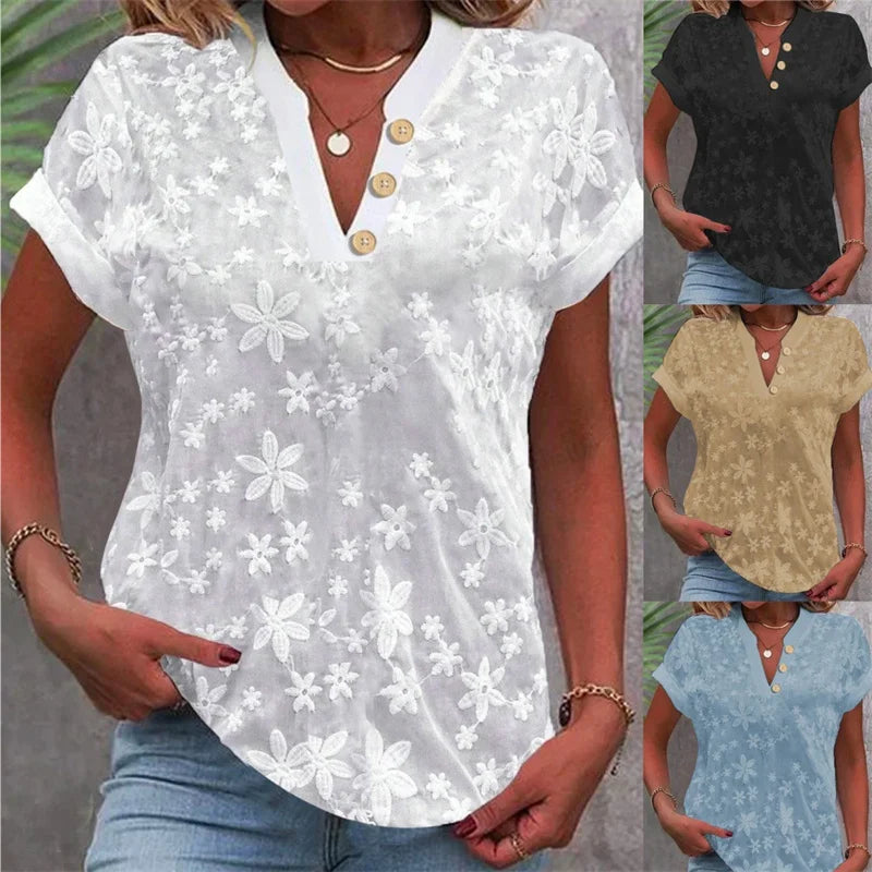 Blusa de manga curta escritório elegante com decote em v