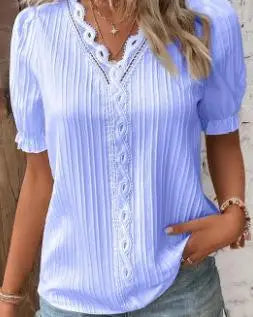 Blusa elegante com decote em v renda retalhos de manga curta