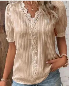 Blusa elegante com decote em v renda retalhos de manga curta