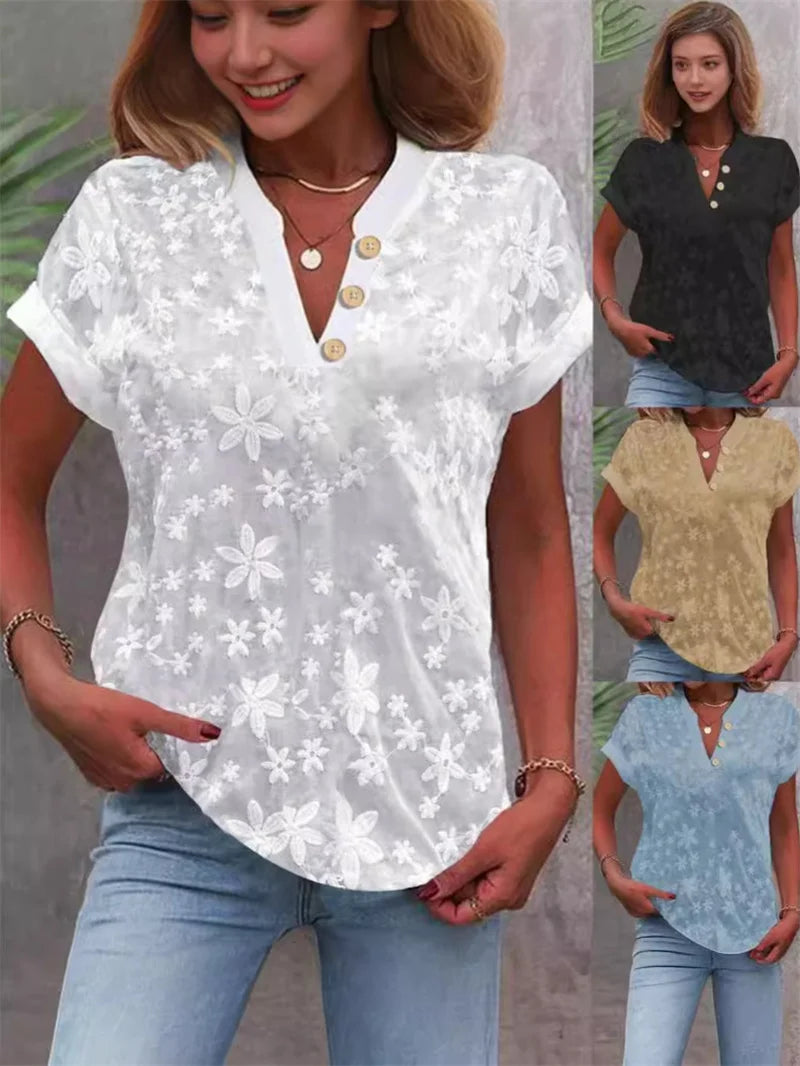 Blusa de manga curta escritório elegante com decote em v