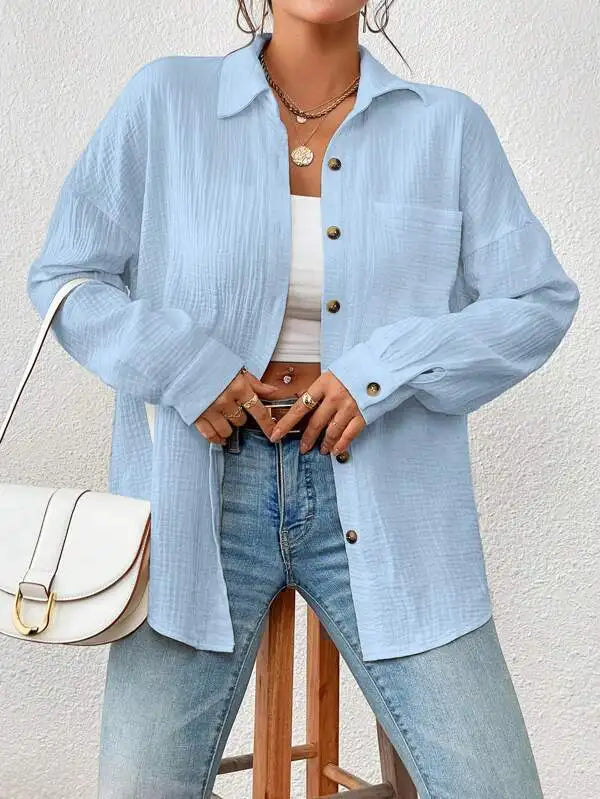Camisa feminina casual turn down collar manga longa