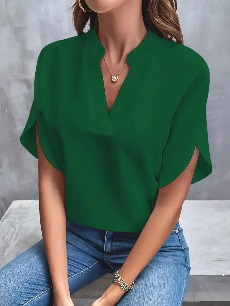 Blusa elegante novo decote em v manga curta casual