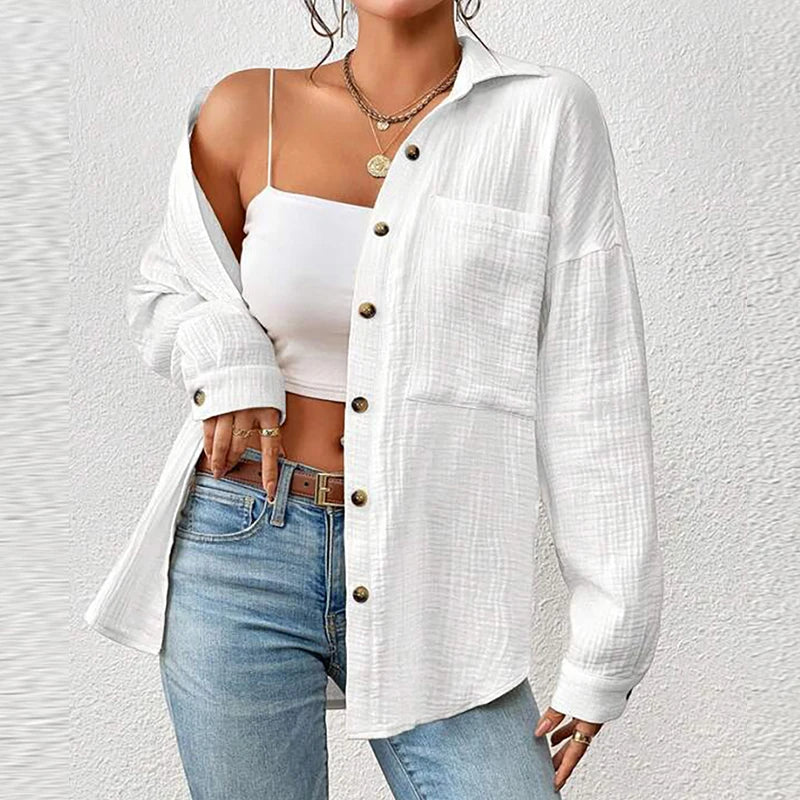 Camisa feminina casual turn down collar manga longa