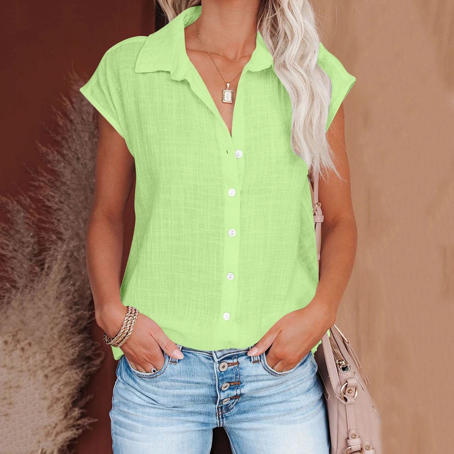 Blusa de linho casual manga curta