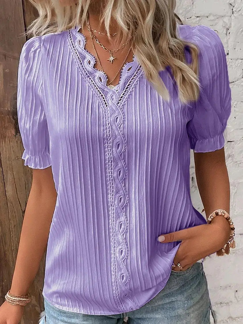 Blusa elegante com decote em v renda retalhos de manga curta