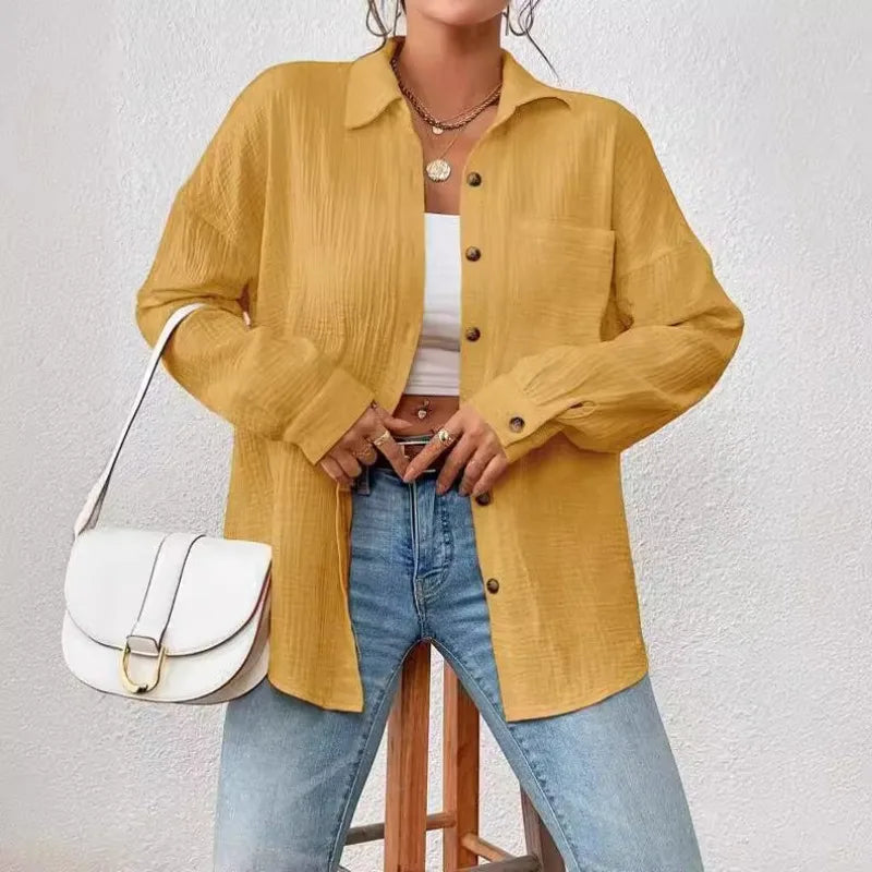 Camisa feminina casual turn down collar manga longa