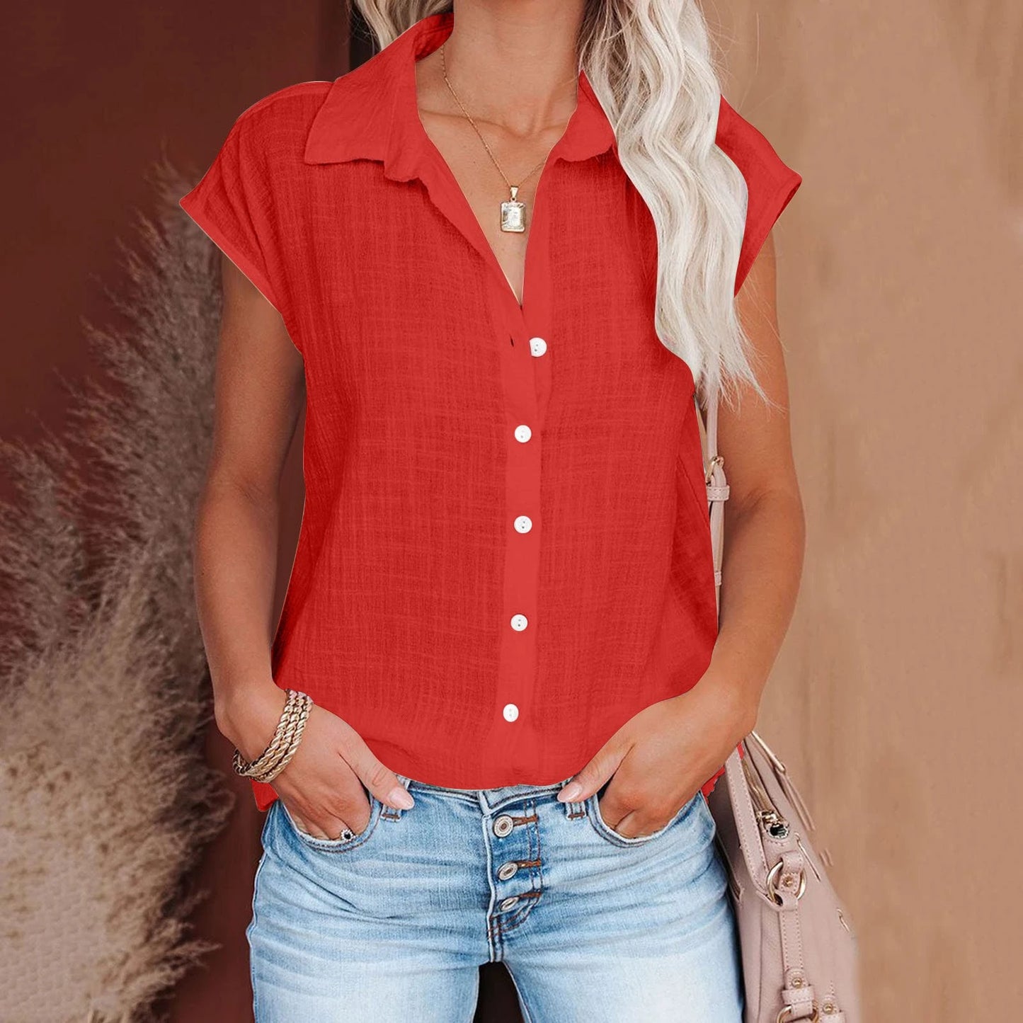 Blusa de linho casual manga curta