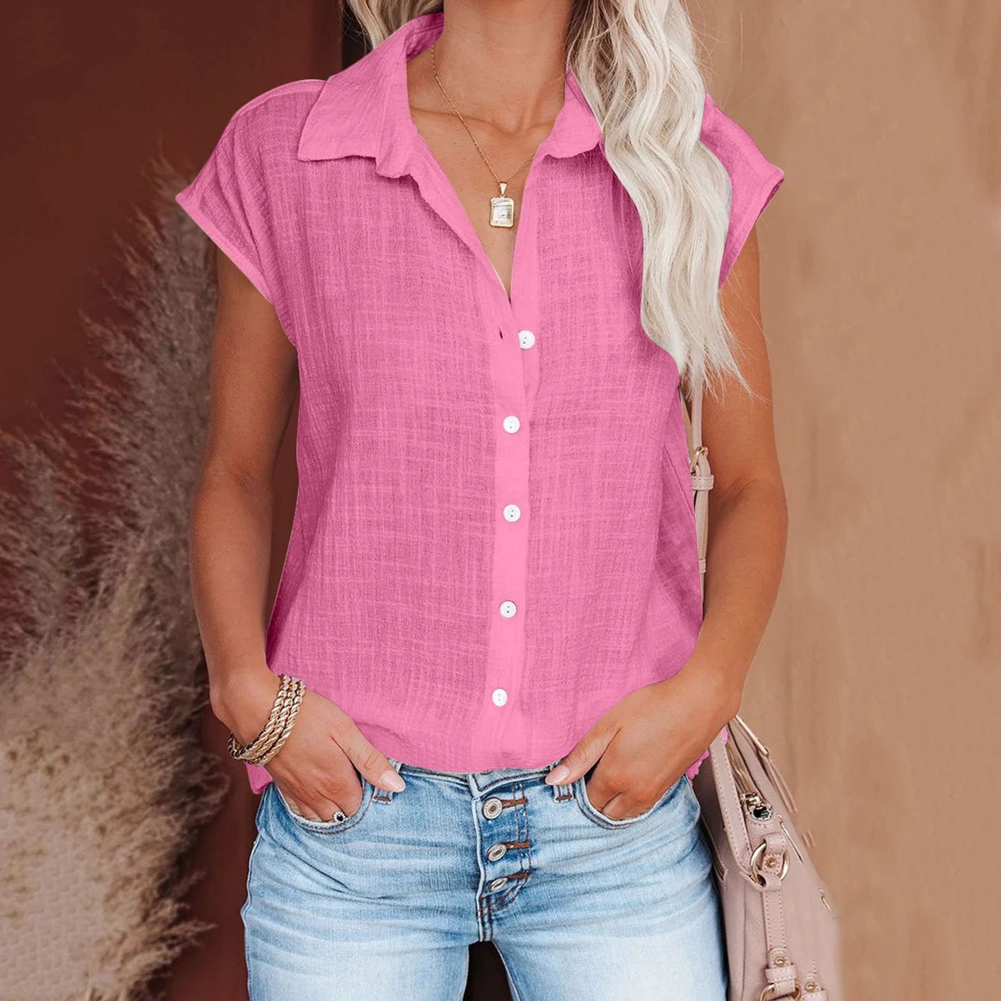 Blusa de linho casual manga curta