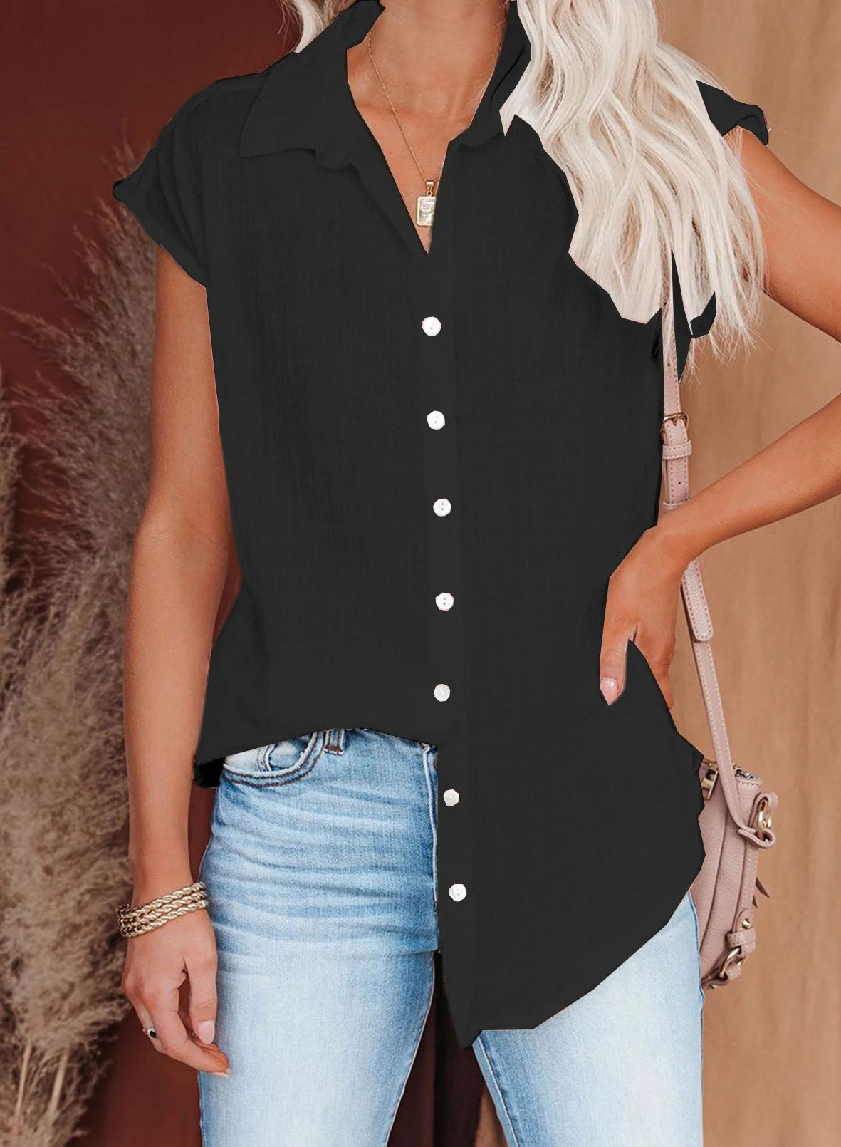 Blusa de linho casual manga curta