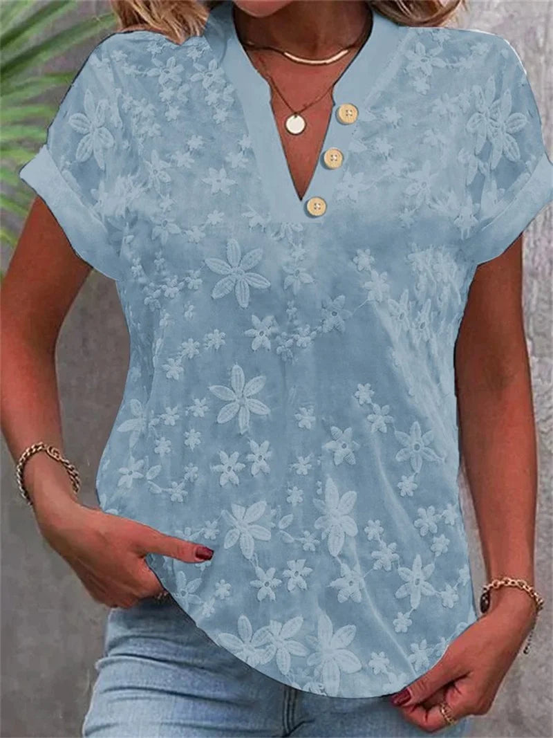 Blusa de manga curta escritório elegante com decote em v