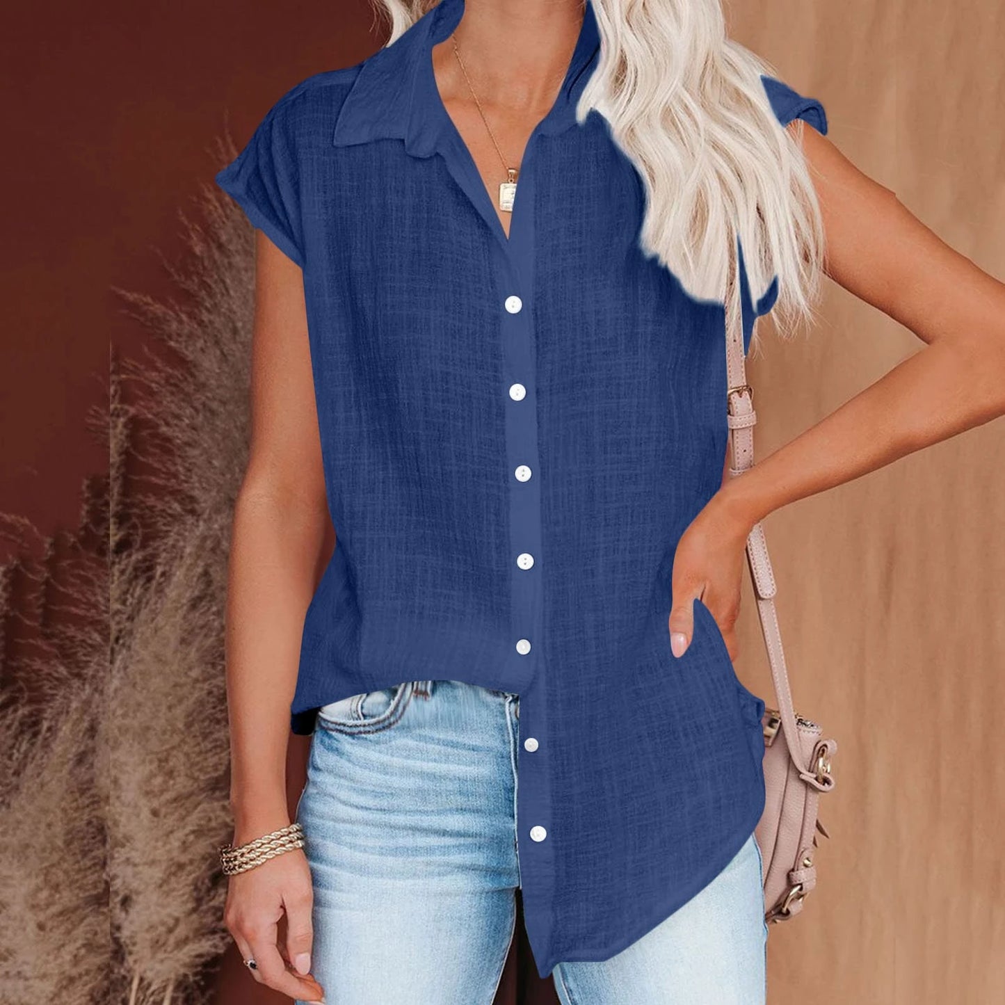 Blusa de linho casual manga curta