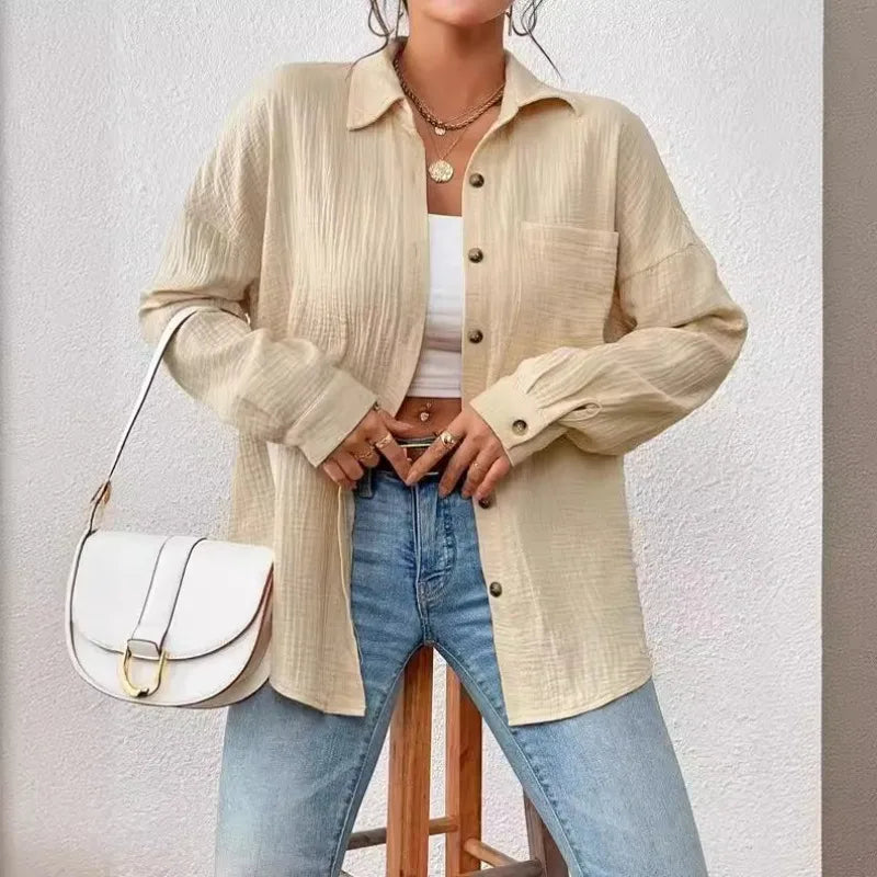 Camisa feminina casual turn down collar manga longa