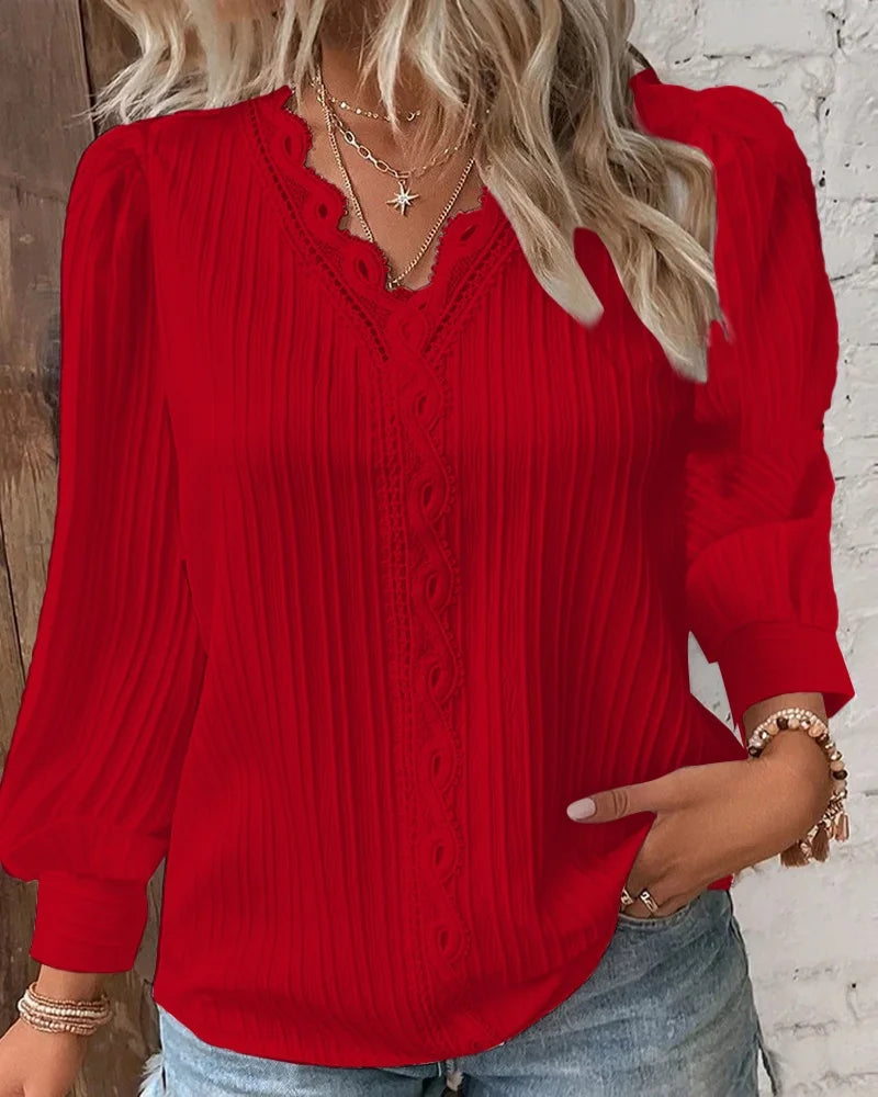 Blusa elegante com decote em v renda retalhos de manga curta