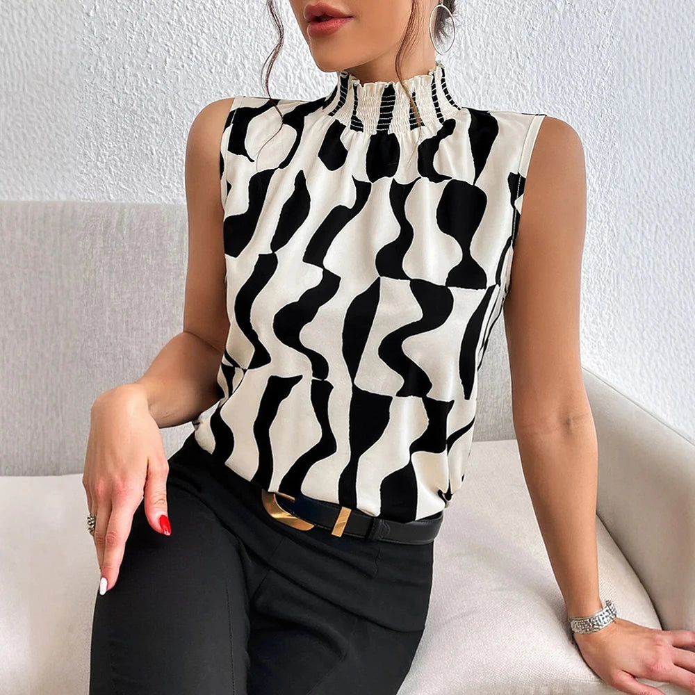Blusa Gola Alta Verão Casual Sem Mangas