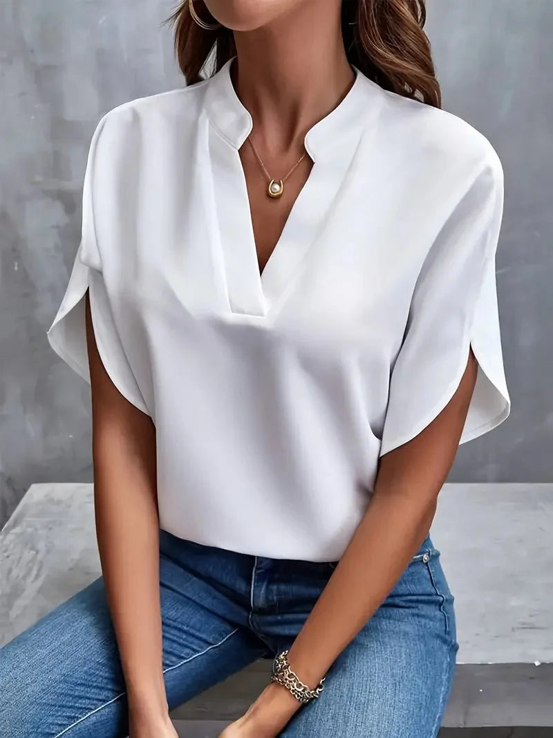 Blusa elegante novo decote em v manga curta casual