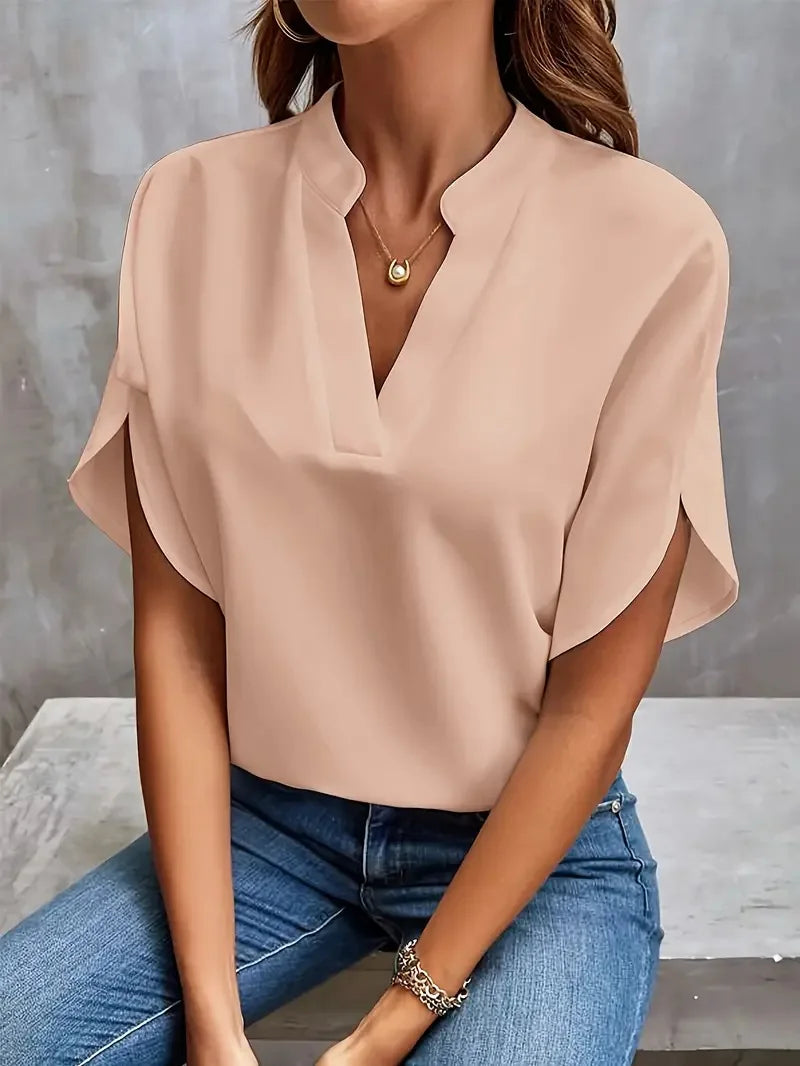 Blusa elegante novo decote em v manga curta casual