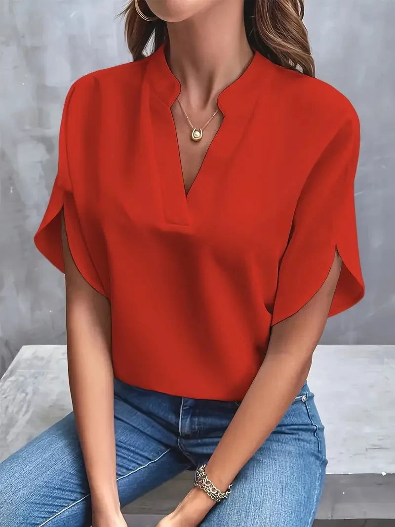 Blusa elegante novo decote em v manga curta casual