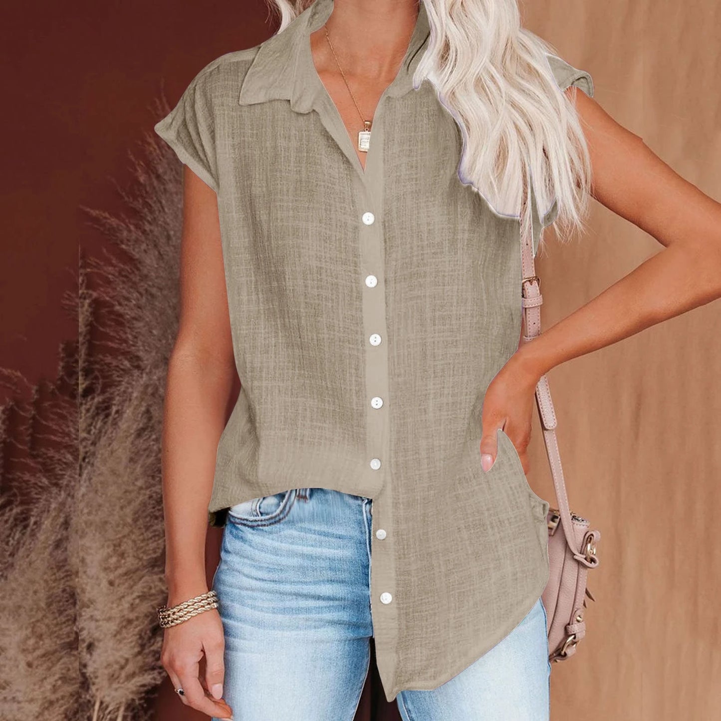 Blusa de linho casual manga curta
