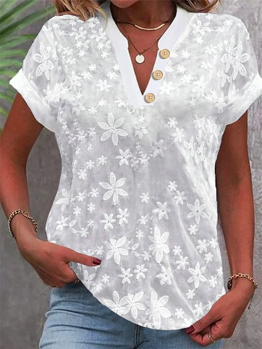 Blusa de manga curta escritório elegante com decote em v
