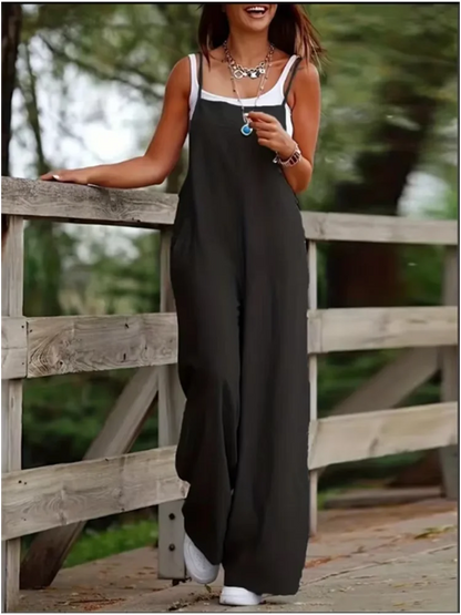 Macacão feminino sem mangas com suspensório solto bolso casual monocromático