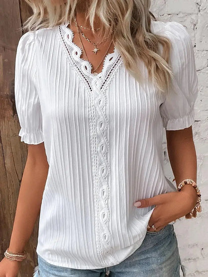 Blusa  elegante  com decote em v renda retalhos de manga curta