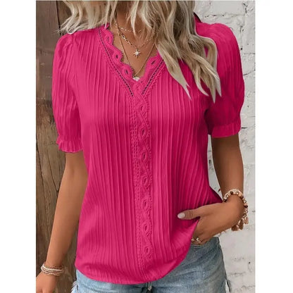 Blusa  elegante  com decote em v renda retalhos de manga curta