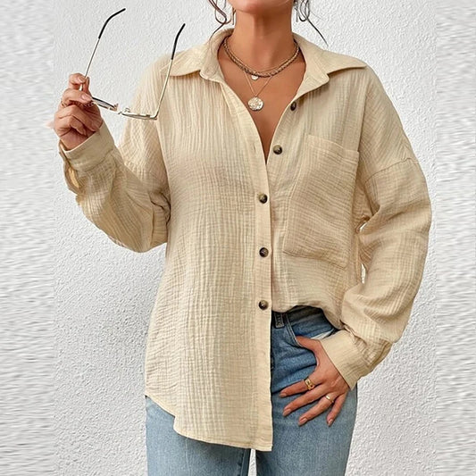 Camisa feminina casual turn down collar manga longa