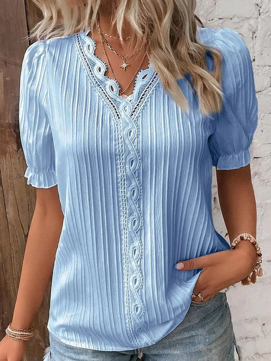 Blusa  elegante  com decote em v renda retalhos de manga curta