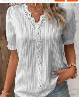 Blusa  elegante  com decote em v renda retalhos de manga curta