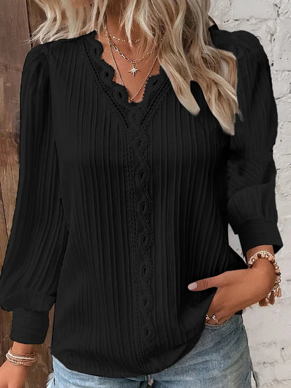 Blusa  elegante  com decote em v renda retalhos de manga curta
