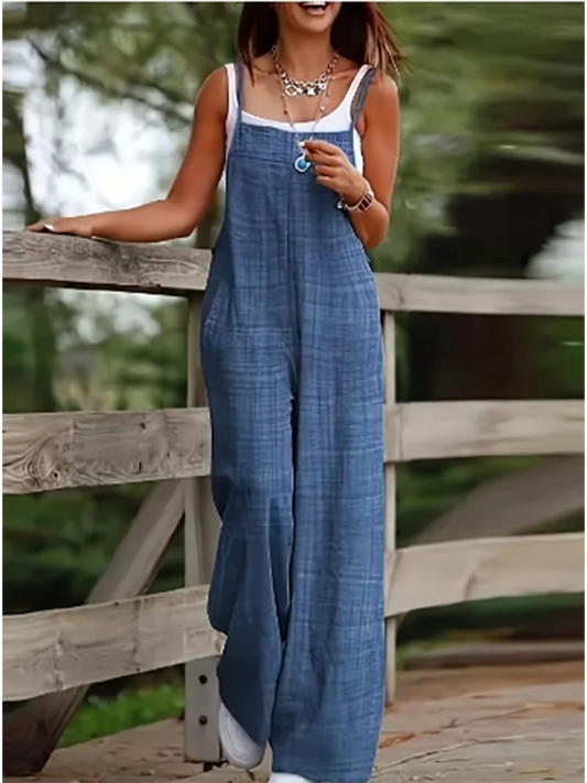 Macacão feminino sem mangas com suspensório solto bolso casual monocromático